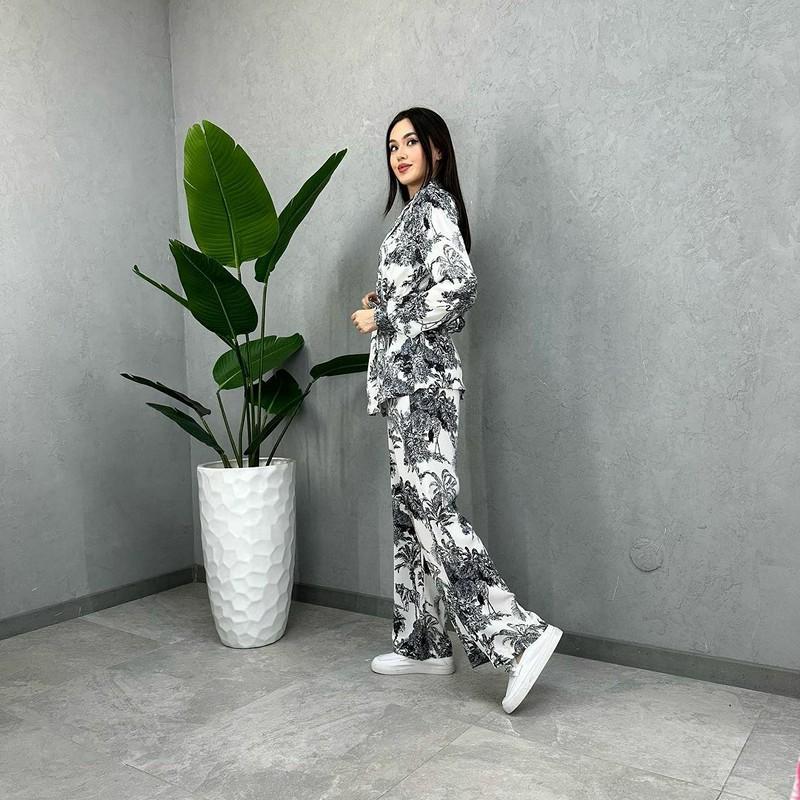 European and American Digital Printing Suit Women's Long Sleeve Loose Lace-up Spring and Summer Fashion Casual Two-Piece Suit Women's