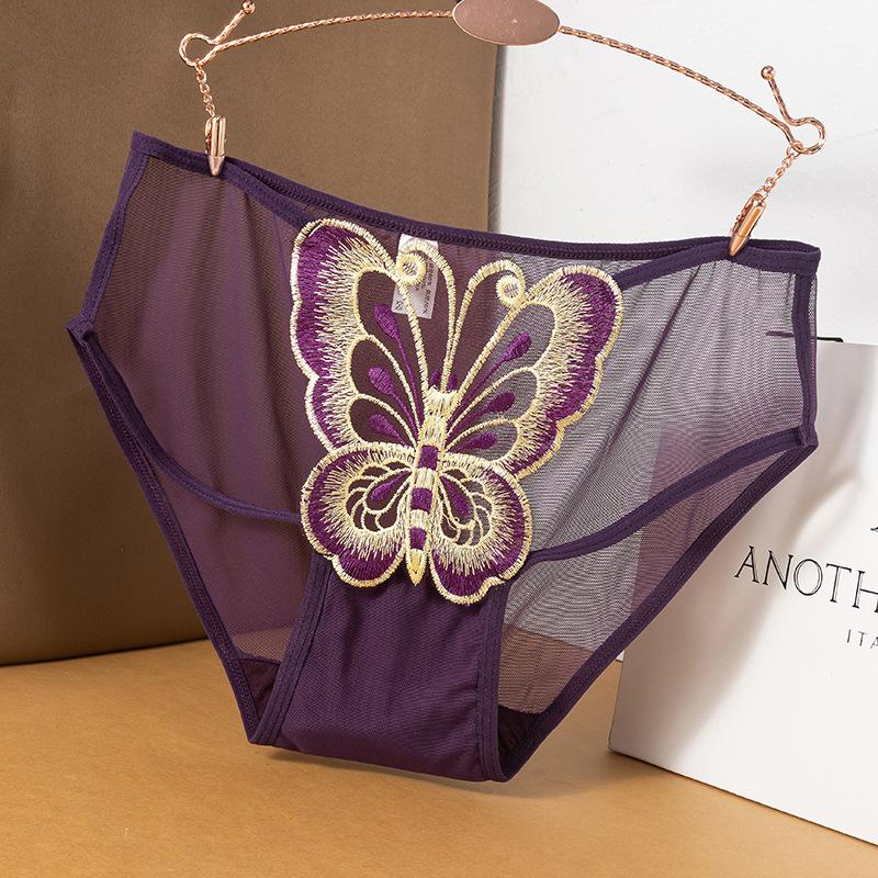 Plus-size Ladies Summer Lace Butterfly Embroidery Hollow Mesh Cotton Crotch Waist Panties