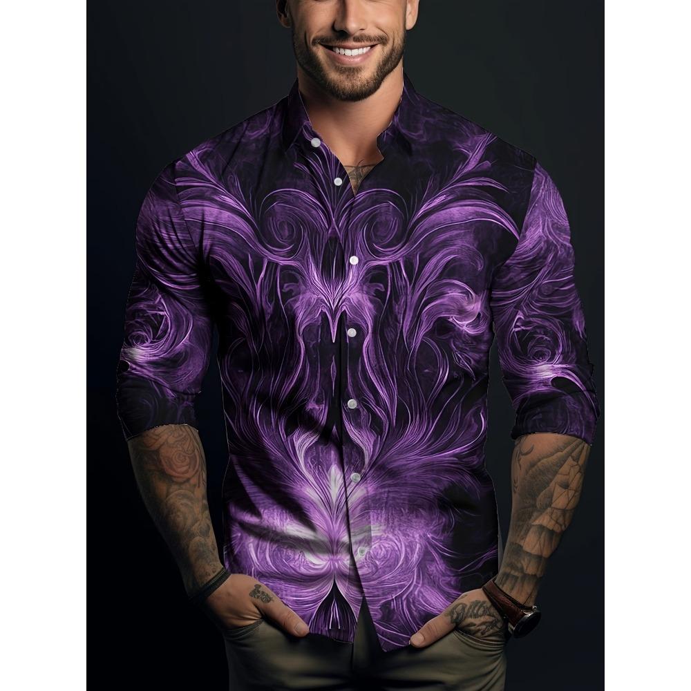 Men's Symmetrical Fluid Pattern Printed Long Sleeved Shirt with Lapel Buttons, Nightclub Party Trendy Men's Top