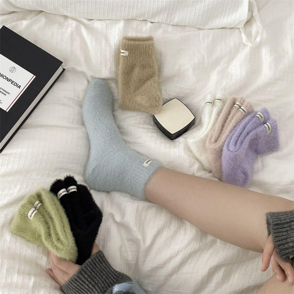 Winter Velvet Socks Solid Color Cotton Socks Thickened Mink Cashmere Socks  Women