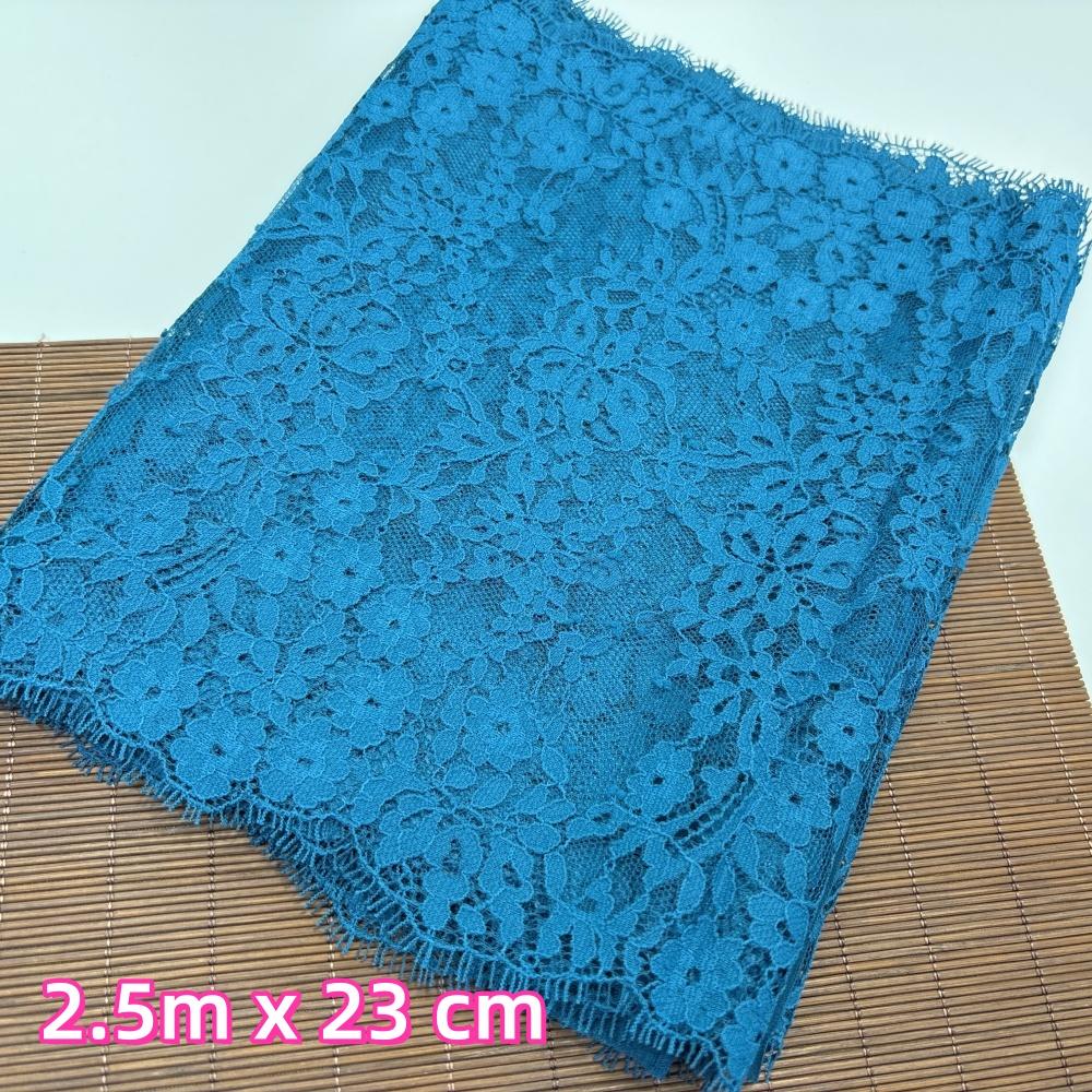

2,5 м x 23 см Французское кружево шантильи, Не тянущееся кружевное полотно цвета «голубое озеро» с ресничками для шитья, бюстгальтера, нижнего белья, платья, одежды, рукоделия 2.5 meters x 23 cm озеро синий
