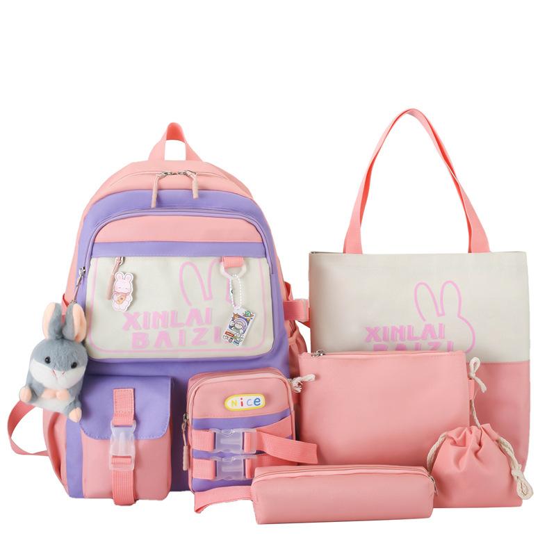 

Модный школьный рюкзак с цветовой блокировкой, студенческий школьный рюкзак, набор из пяти предметов, рюкзак большой вместимости, женский мультяшный повседневный рюкзак розовый