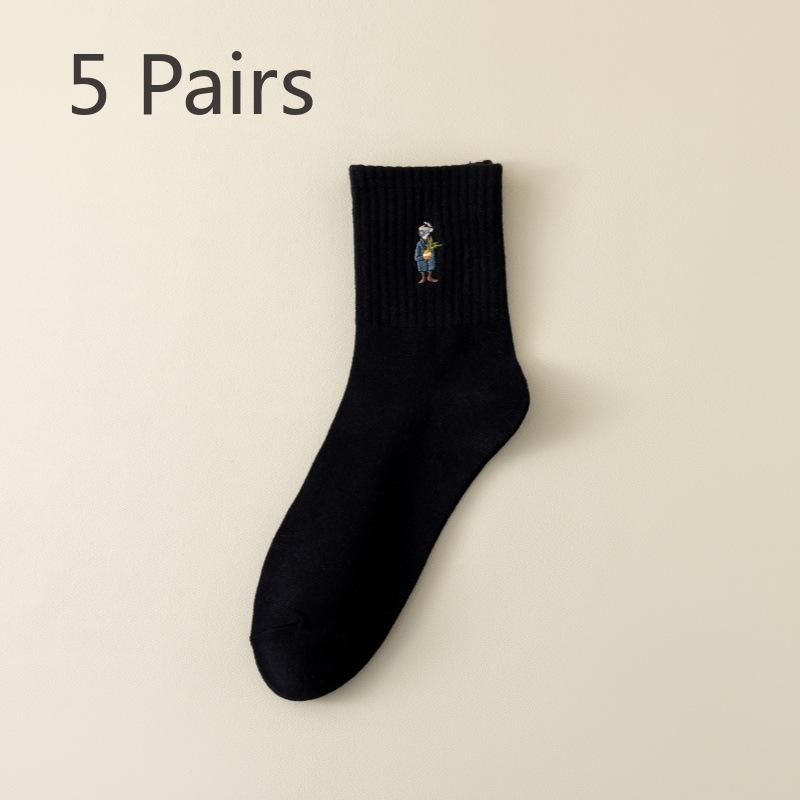 

5 пар новых мужских осенне-зимних модных носков из чистого хлопка с вышивкой до середины голени 5 Pairs чёрный
