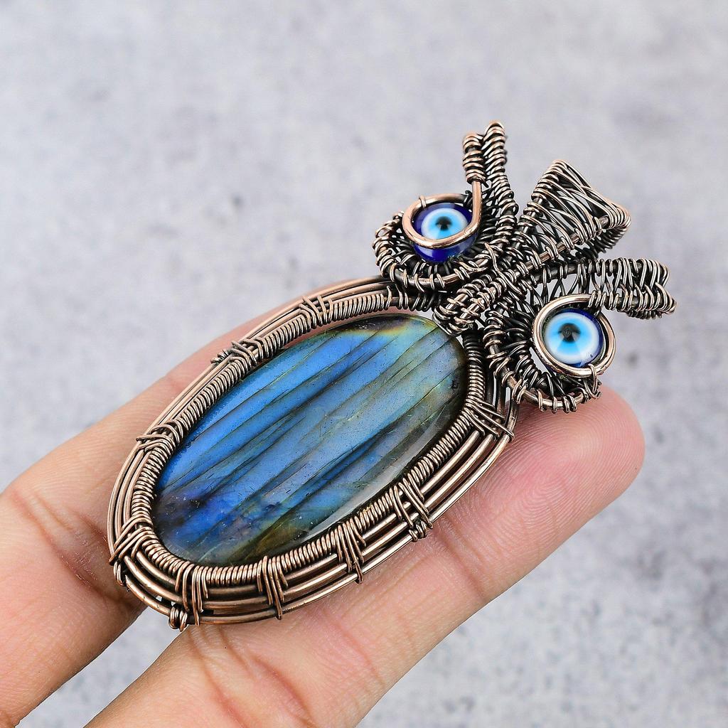 Labradorite & Blue Evil Eye Pendant, Handmade Gemstone 999 Copper Wire Wrapped Pendant Antique Jewelry, For Gift Silver Jewelry