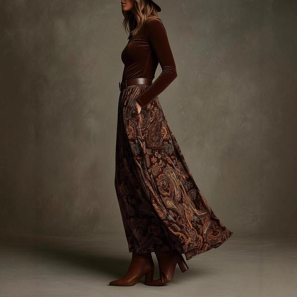 2025 Autumn Slim-Fit Retro Print Skirt Set with Belt