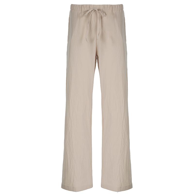 Summer Models Women's Home Daily Style Cotton Linen Drawstring Straight Basic Solid Colour Wide Leg Drape Spicy Low Waist Casual Trousers