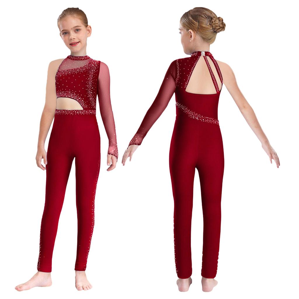 Mädchen Ganzkörper-Trikot Durchsichtiges Netz Patchwork Cutout Asymmetrisches Design Stehkragen Funkelnde Strasssteine Gymnastik Tanz Kostüm