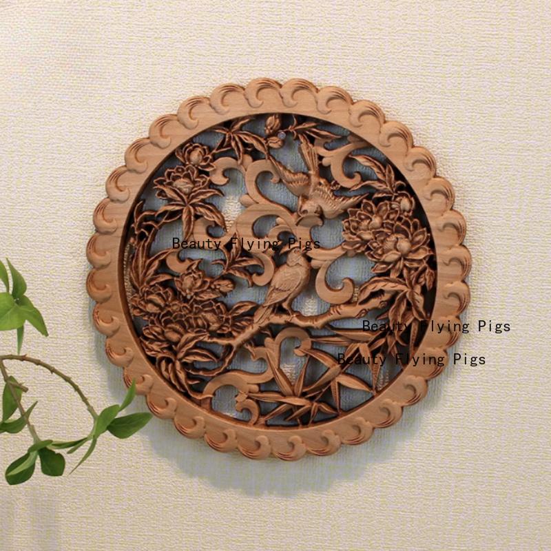1pc Chinese Woodcarving Ornaments Solid Wood Carving Crafts Living Room Wall Decoration Home Accessories Wall Decorations