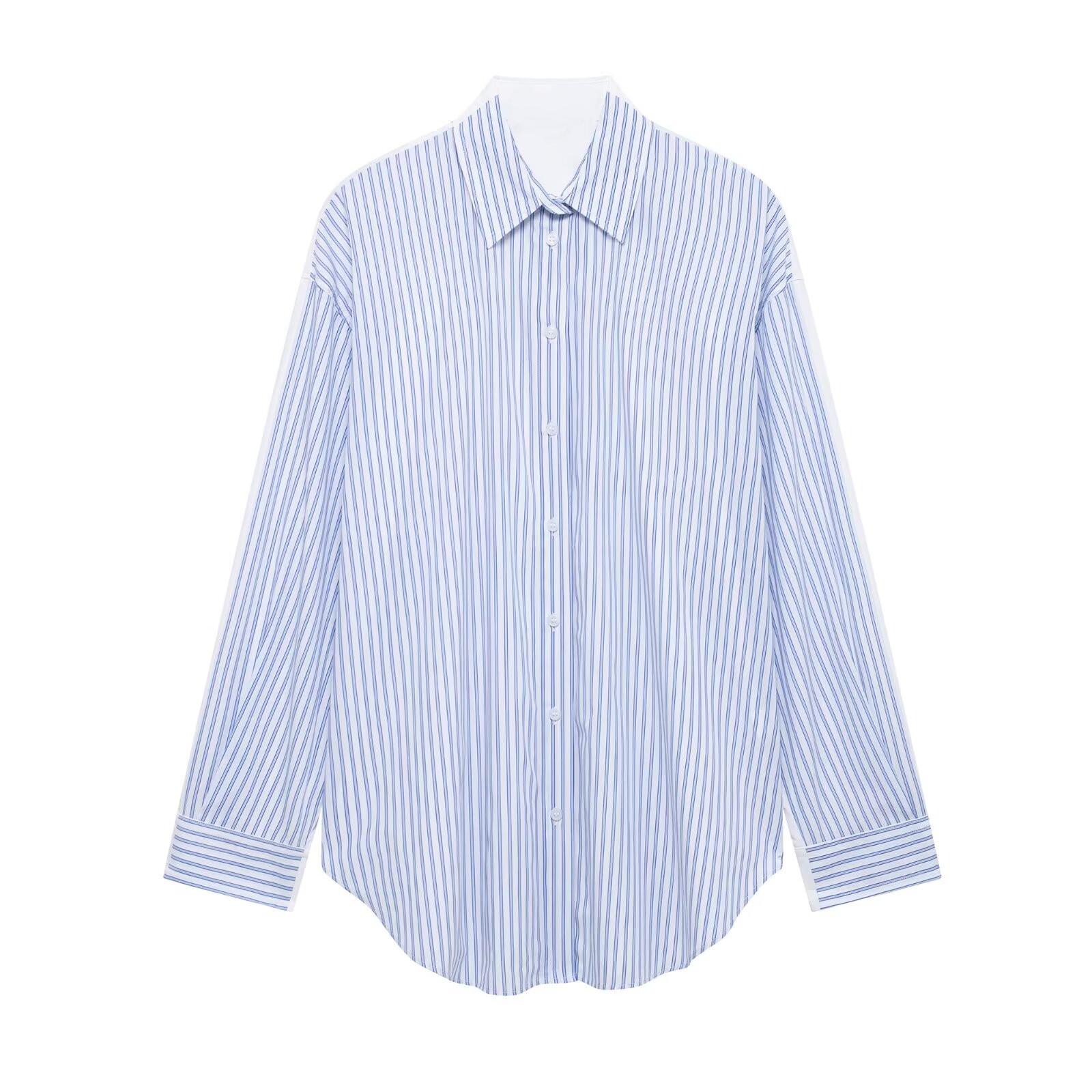 

Весна 2025 Новая женская рубашка из поплина в полоску - Универсальная повседневная модель с длинным рукавом и отложным воротником. Extra Small синий