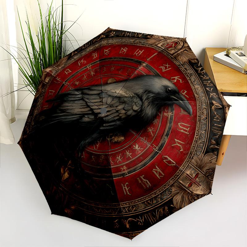 Rune Raven pattern, automatic folding umbrella, portable and foldable design, 8 ribs, a Christmas or birthday gift.