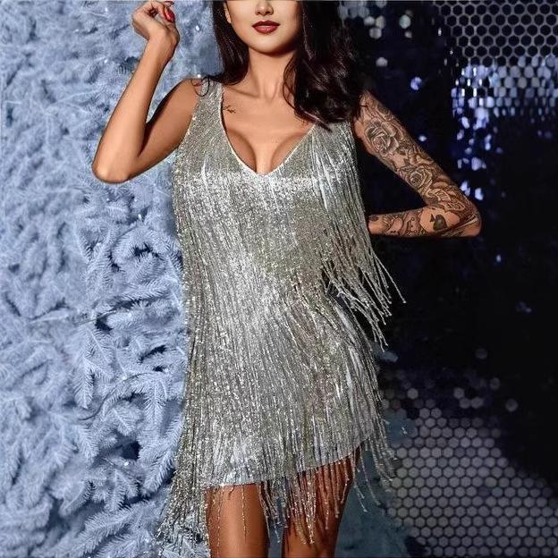 Low-Cut V-Neck Sexy Tassel Pencil Midi Dress