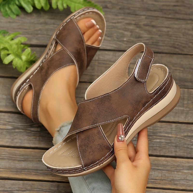 Fashion 2025 Summer Sandals Casual Hollow Vintage Solid Color Elastic Heel Strap Fish Mouth Wedge Heel Slippers Women Vacation Shoes