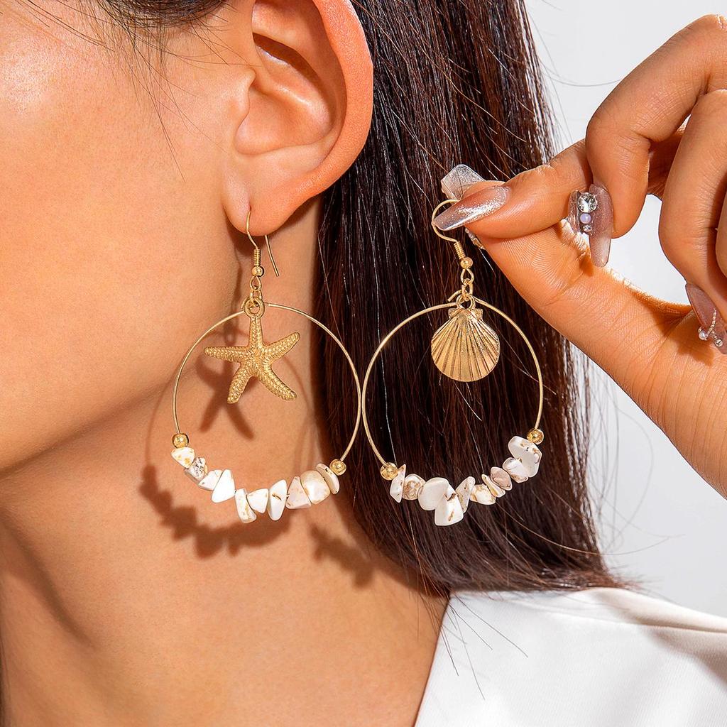 Hot Summer White Crushed Stone Starfish Alloy Pendant Earrings for Women, Beach Vacation Daily Matching Earrings