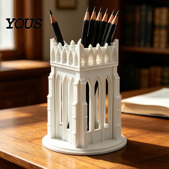 Medieval Style Pencil Holder Gothic Pen Holder, Cathedral Makeup Brush 3D Printed Church Architecture Desk Organizer Organizer, Vanity Storage Cup for