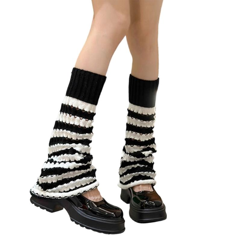 Damen Gestreifte Gestrickte Beinwärmer Schülerinnen Harajuku Beinabdeckung Mittellange Socken Winter Warme Knöchel-Stulpen