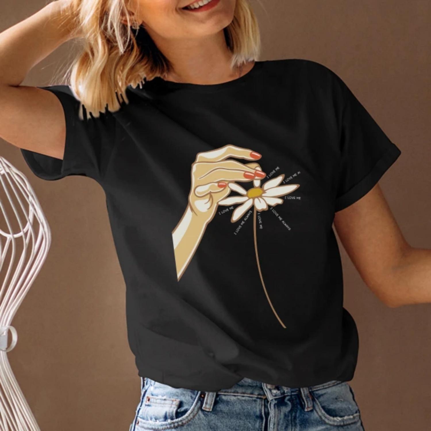 

Women s T-Shirt Short Sleeve Round Neck Summer Graphic Tee Trendy Hand and Flower Design Fast Ship S чёрный