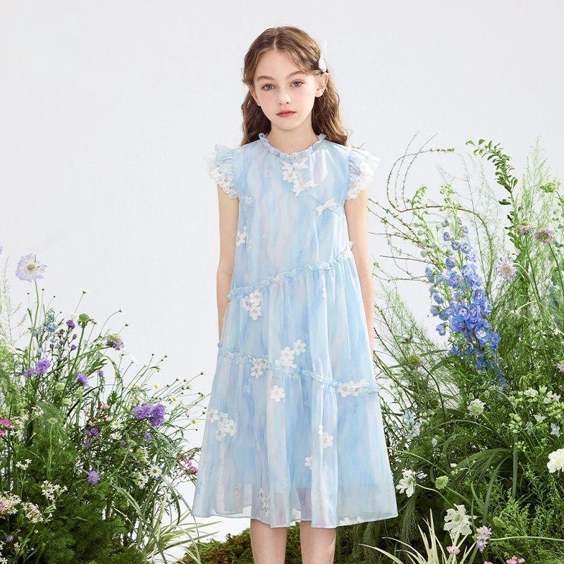 Sweet Blue Dress for Girls, Summer Fashionable Princess Dress for Children