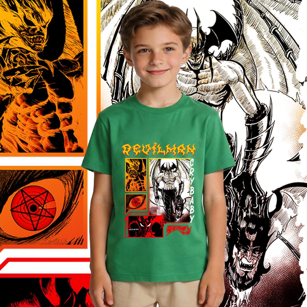 Devilman Crybaby Anime Print Jungen Mädchen Baumwolle T-Shirt Lässiges Tee Kinder Sommer Kurzarm Top Weich Atmungsaktiv Tägliches Tragen