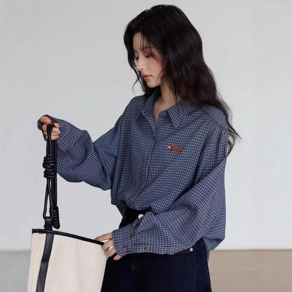 

Women s Retro Plaid Long-Sleeve Petite Casual Top - Spring 2025 Collection XL темно-синього кольору