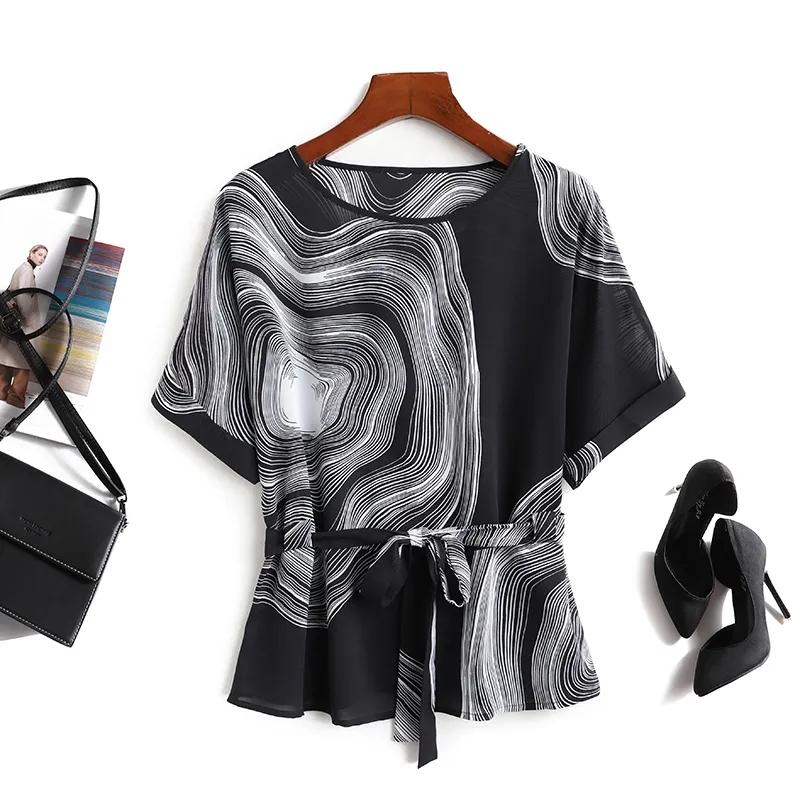 

Vortex Полосатый Винтажный шифон О-образный вырез Короткий рукав Шнуровка Женская блузка рубашка Корейская мода Женская одежда Весна M чёрный