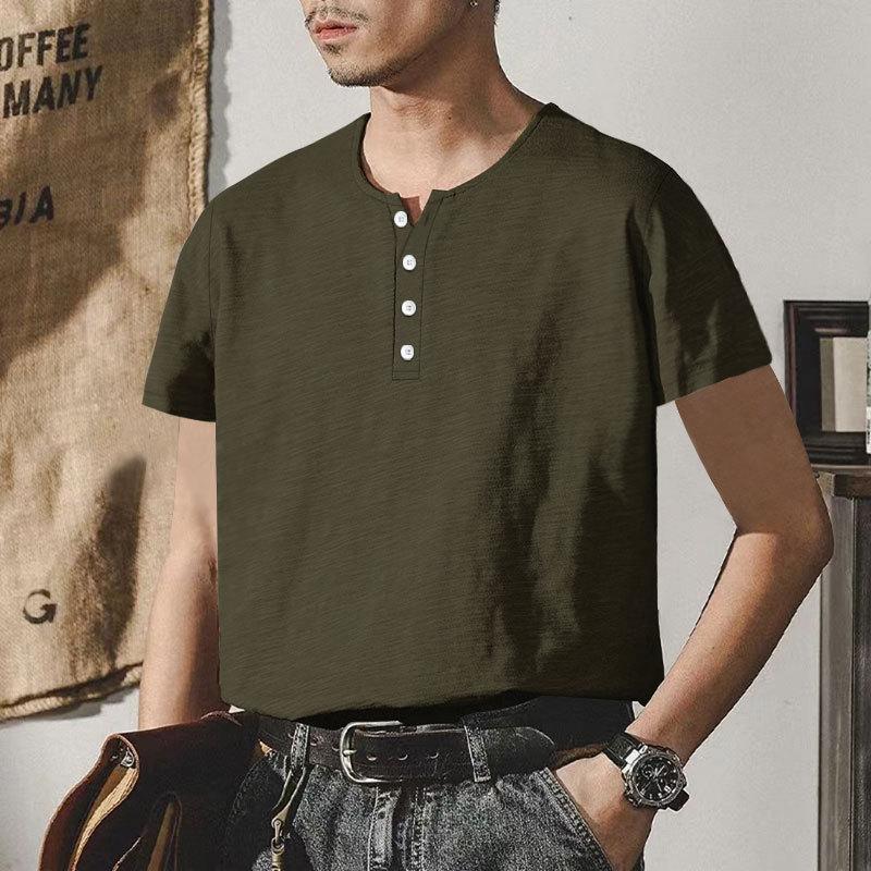 Heavyweight Bamboo Henry Collar Men's T-shirt Short-sleeved Summer Casual American Big Size Solid Colour Men's Button Up Tops