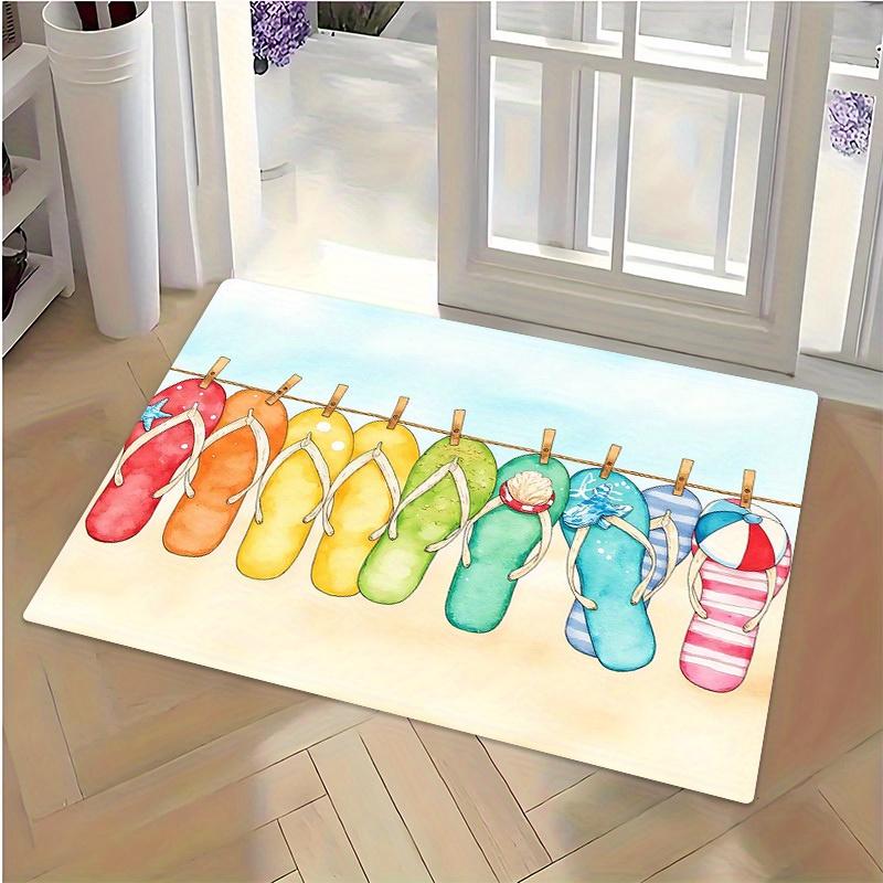 2D Flat Colorful Flip Flops Clothesline Summer Flannel Door Mat Non Slip Beach Vibe Rug For Entryway Patio Floor