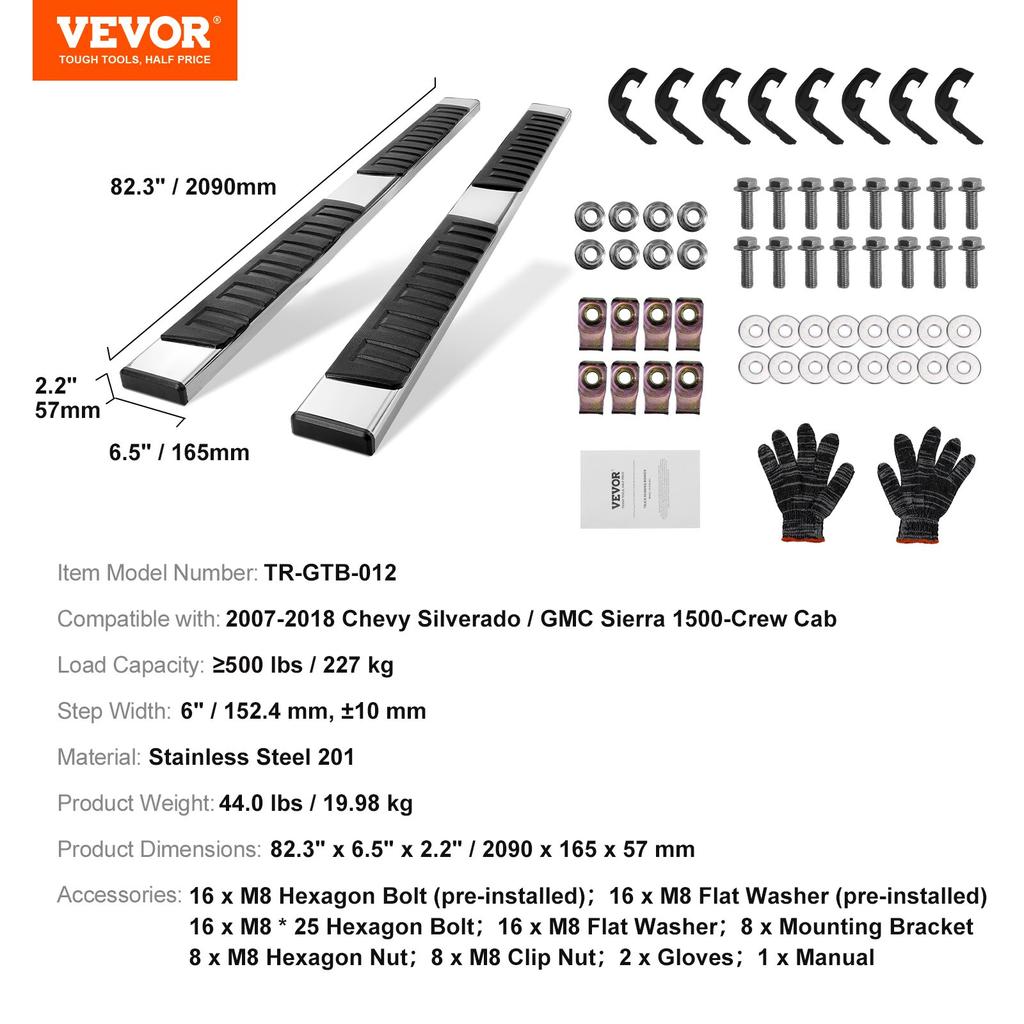 VEVOR Running Boards, 6" Step Bars Compatible with 2007-2018 Chevy Silverado/GMC Sierra 1500 Crew Cab/2019 2500HD 3500HD 1500 LD