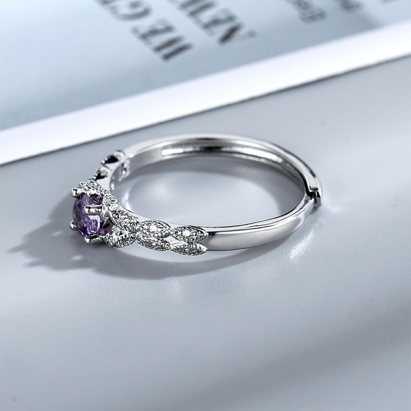 Silver Color Light Luxury Style Amethyst Dazzling Zircon Ring for Women's Girls Simple Fashion Adjustable Ring Jewelry Gifts