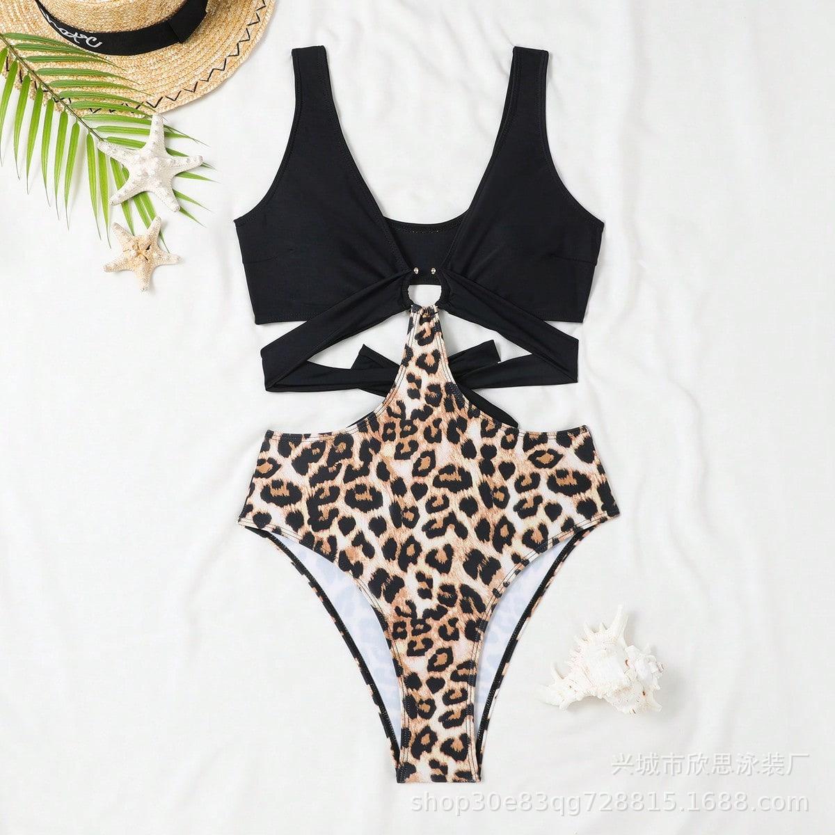 Leopard print one-piece women s fashion swimsuit, European and American sexy bikini S