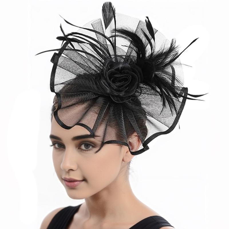 Elegant Feathered Tulle Fascinator Hat with Hair Clip For Women Church Wedding Party Bridal Shower Headpiece Accessory