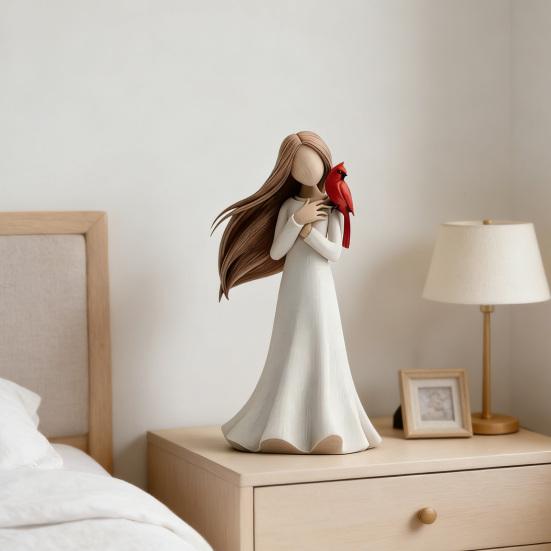 Figure Statue Girl Red Bird Decorative Figurine Smooth Texture Healing Aesthetic Design Home Desktop Ornament