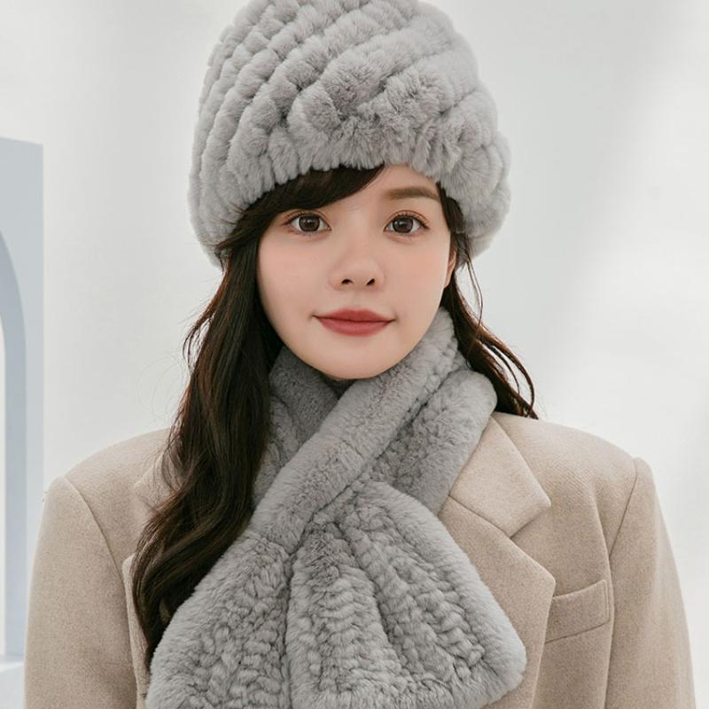 Rex Rabbit Hair Scarf Hat Two-piece Set Winter Women Middle-aged and Elderly Rex Rabbit Hair Braided Elastic Warm Thickened Hat