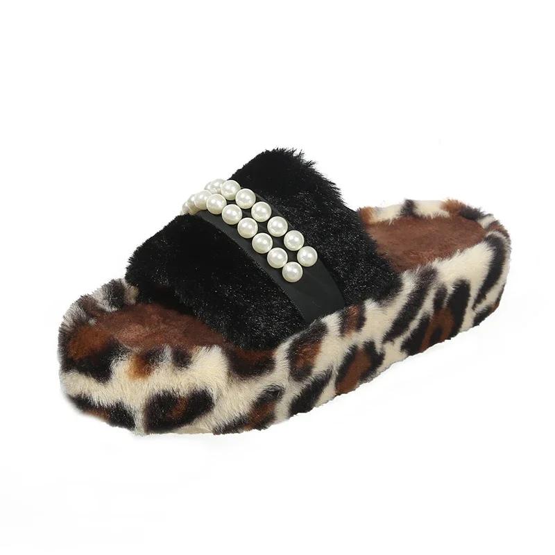 

Мода 2024 Новая обувь для женщин Шлепанцы женские с открытым носком Осень Бусины Леопардовый принт Уличная платформа Повседневные удобные шлепанцы 41 чёрный
