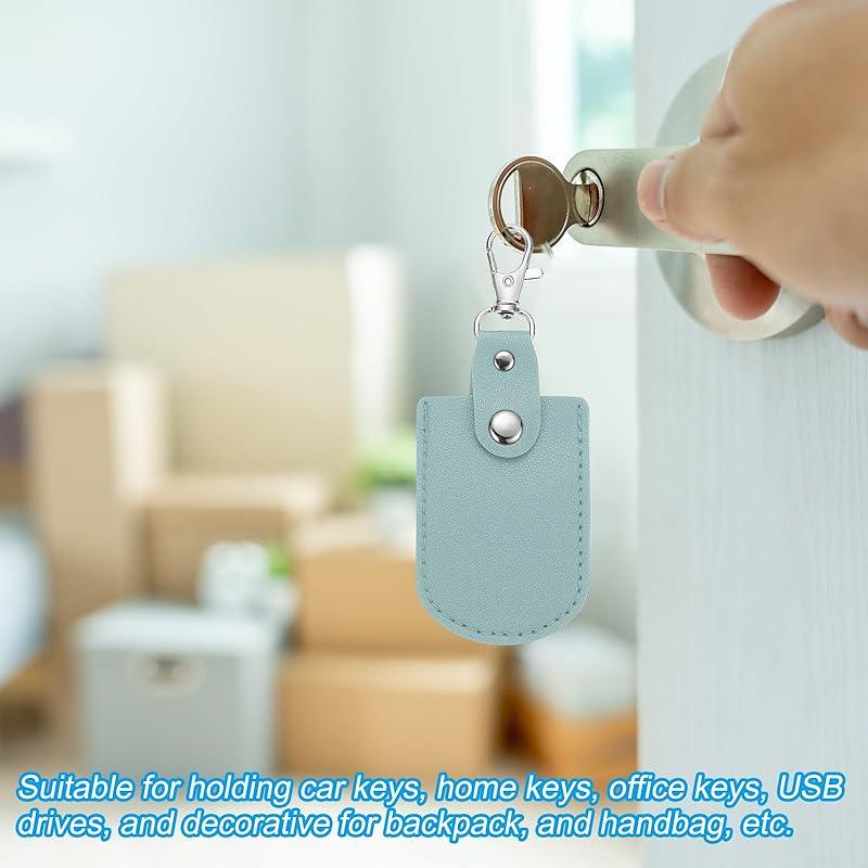 [PATIKIL] leather key fob leather keychain 4 pcs keyrings DIY key chain holder home off for car key ID key card air tag blue