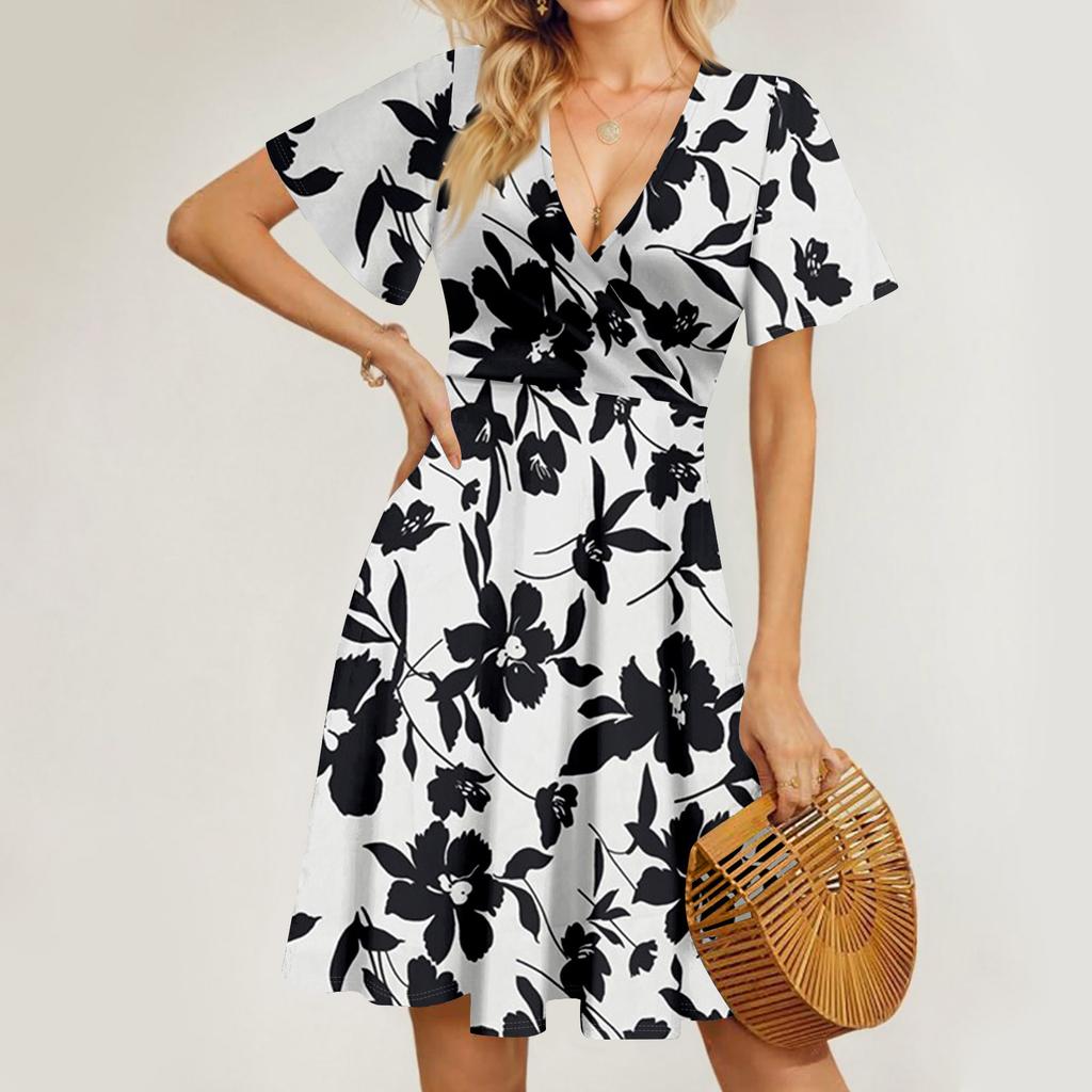 Women's Summer Dress Loose Beach Vacation Casual Deep V Neck Short Sleeve Dress Elegant Dress