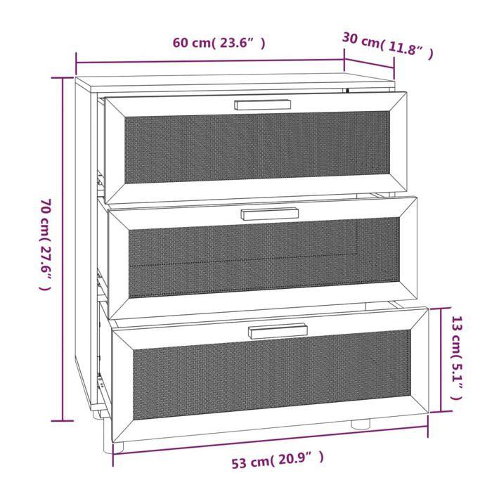 VidaXL Buffet Noir 60x30x70 cm Bois de pin massif et rotin naturel 345634