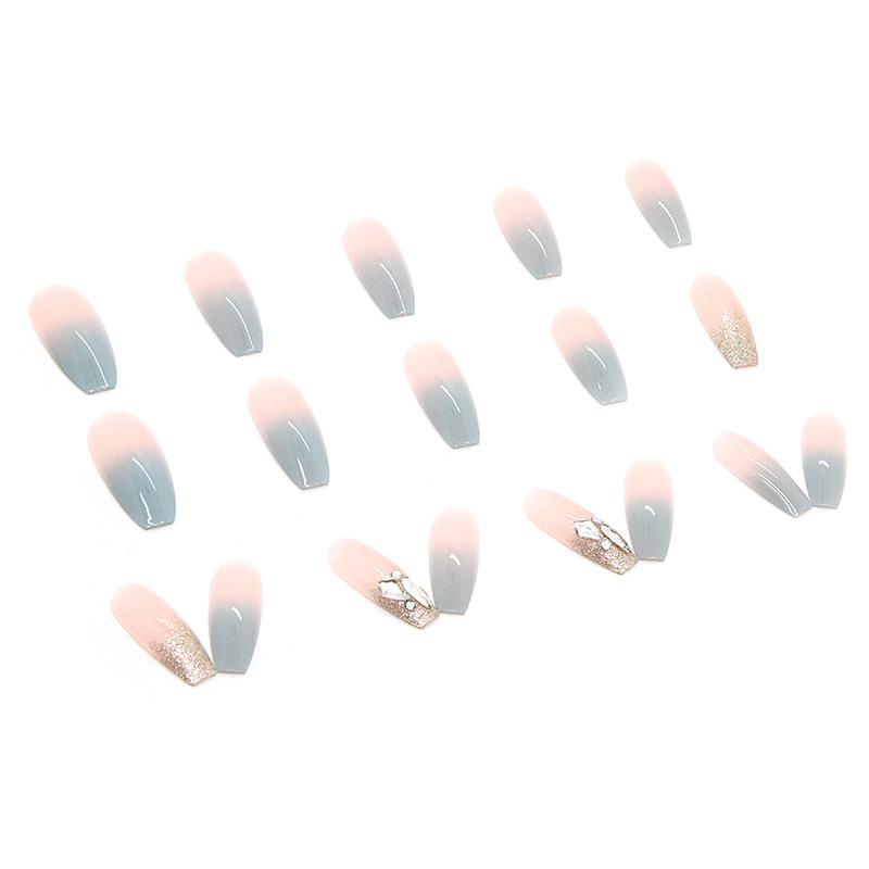 Artificial Nails Wearable Nails Long Nail Pieces Gradient Color Ice Mint Diamond Style Shiny Nail Pieces High-grade Diamond Fake Nails