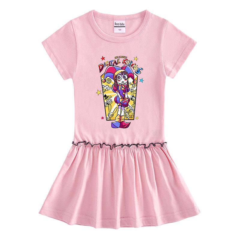 2026 Summer Korean Style Cartoon Short Sleeve Girls' Dress with Color Block and Pleated Skirt