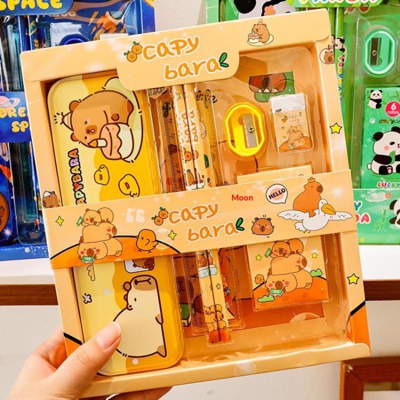 7Pcs/Set Cute Cartoon Capybara Pencil Ruler Crayon Eraser Stationery Sets Student Rewards Prizes Children'S Learning Supplies
