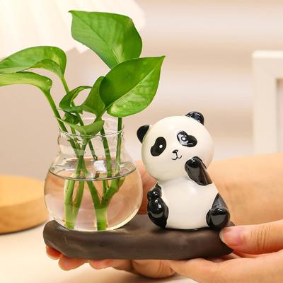 1SET Niedliche Panda-Wasservase, runder Glaspflanzer, Panda-Statue, Wasserpflanz-Glasvase für den Anbau von Hydrokulturpflanzen, Home Office