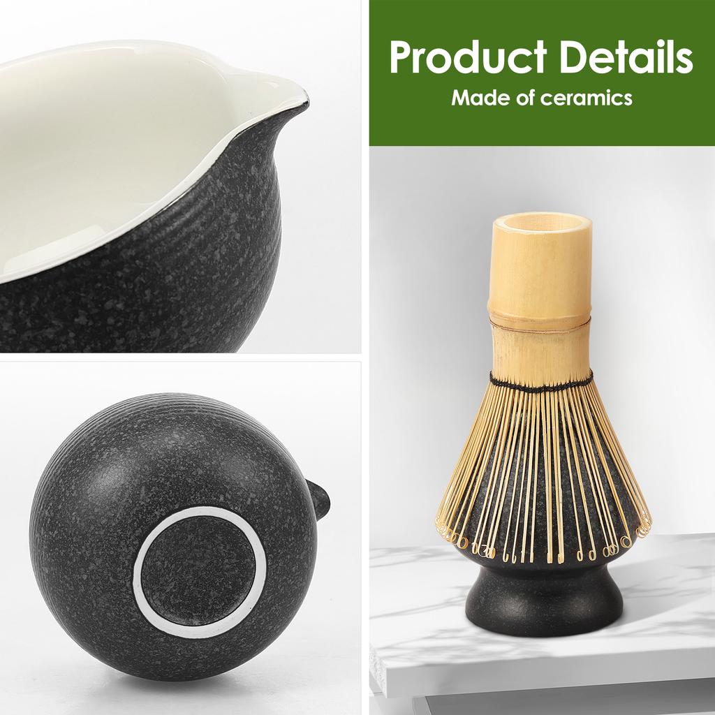 Matcha Set Black Ceramic Match Bowl and Whisk Holder Set or Bamboo Matcha Whisk Scoop Stainless Steel Sifter Japanese Tea Set