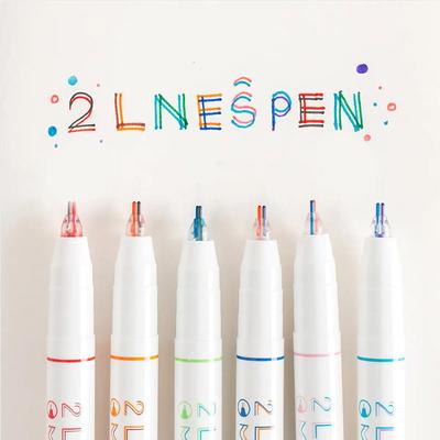 6pcs Double Color Line Stereo Effect Colorful Marker Pens, Single Head Dual Color, Kawaii Fluorescent Color Pens