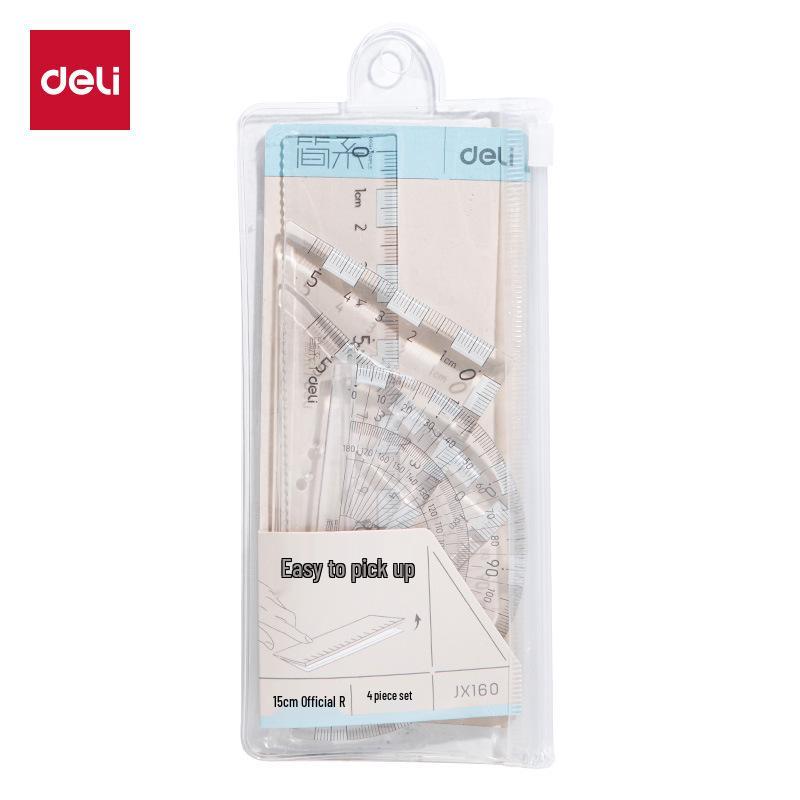 Deli JX160 Geometry Set: 15cm Student Ruler, Square, Protractor, 4-Piece Drawing Kit. 15cm