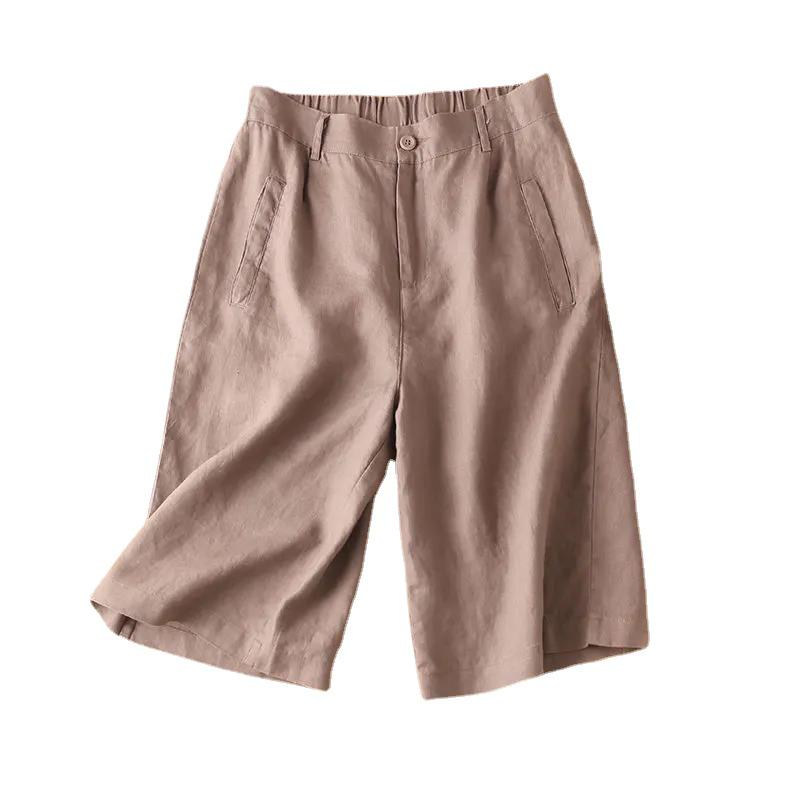 Women's Cotton Linen High Waist Wide-Leg Shorts - Summer Semi-Elastic Casual Five-Point Pants