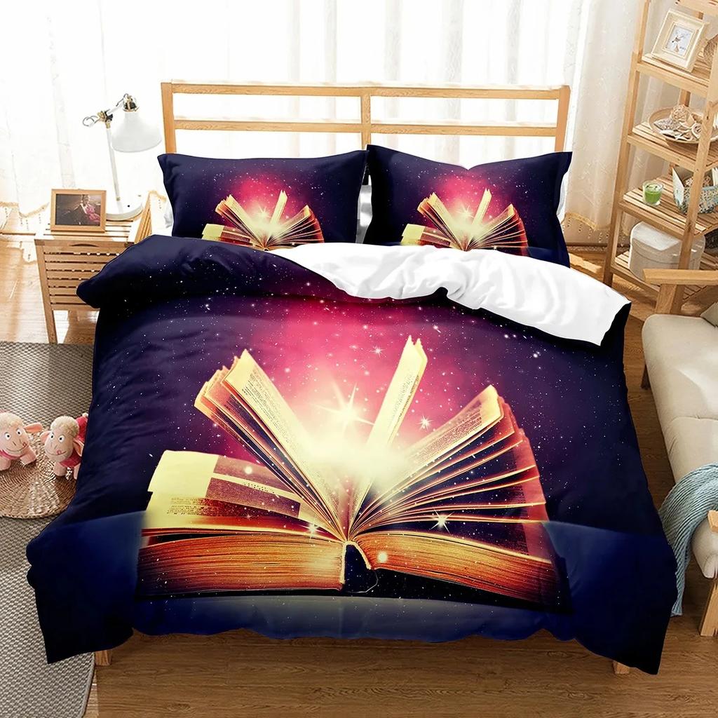 Magic Book Duvet Cover Set Purple Light Book Comforter Cover Lightweight Polyester Quilt Cover with Pillowcase for Boys Teens