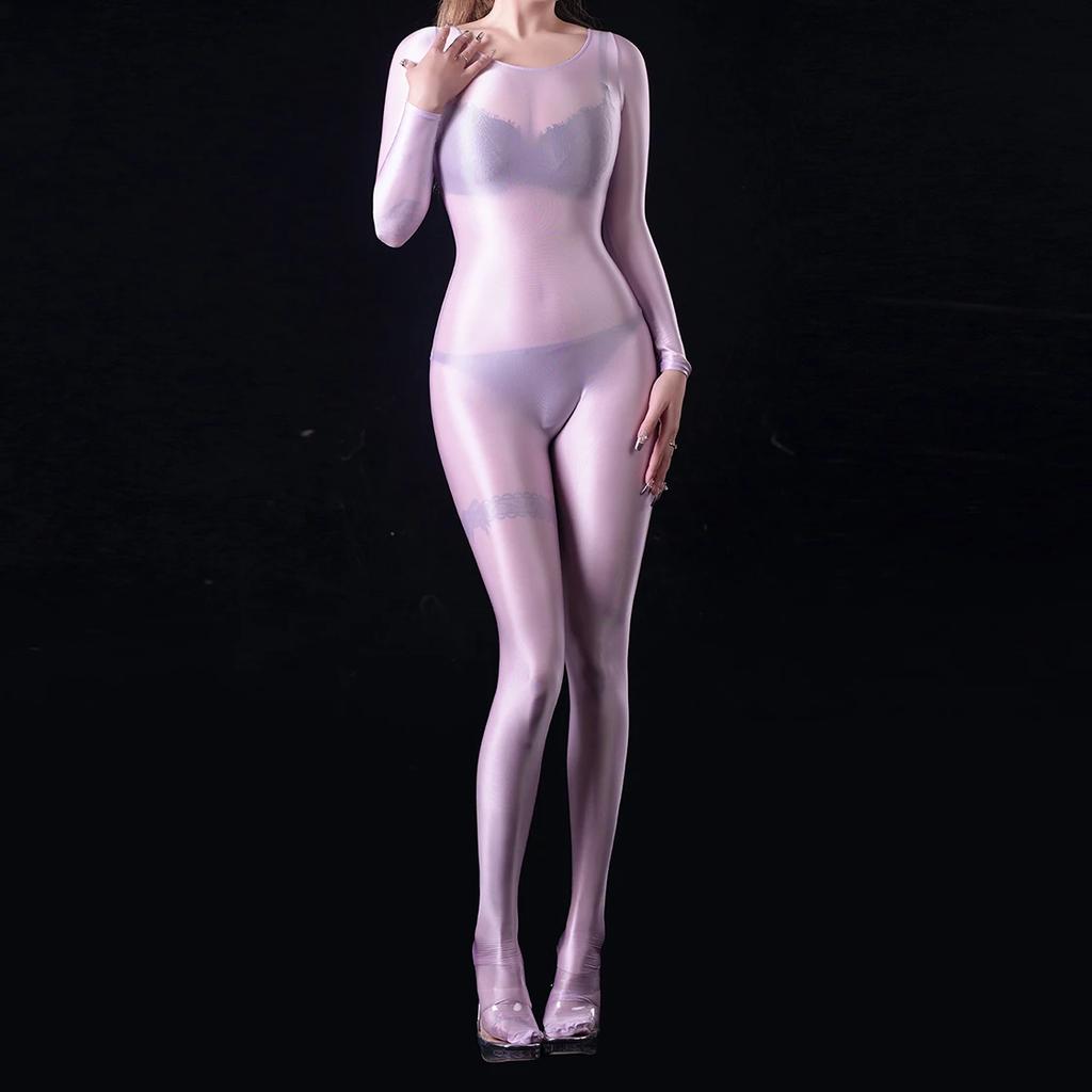 Sexy Women Oil Glossy Shiny Elastic Bodysuit Yoga Shapping Tights Bodycon Silky Satin Smooth Jumpsuits Maid Leotard Candy Color