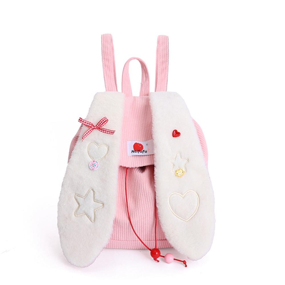 

Preppy Style Rabbit Ear Backpack Lightweight Students School Bag Drawstring Plush Backpack Travel розовый
