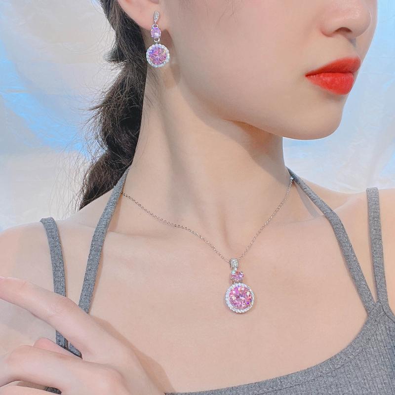 Trendy Pink Rhinestone Necklace Women's Temperament Elegant Necklace And Earrings Jewelry Gift