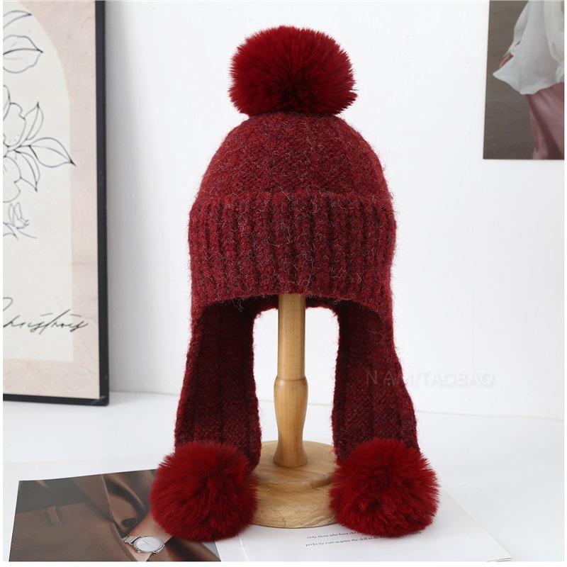 Winter Korean Thickened Hairball Ear Protection Knitted Bomber Hat Women Simple Casual Windproof Warm Small Face Wool Beanie Cap
