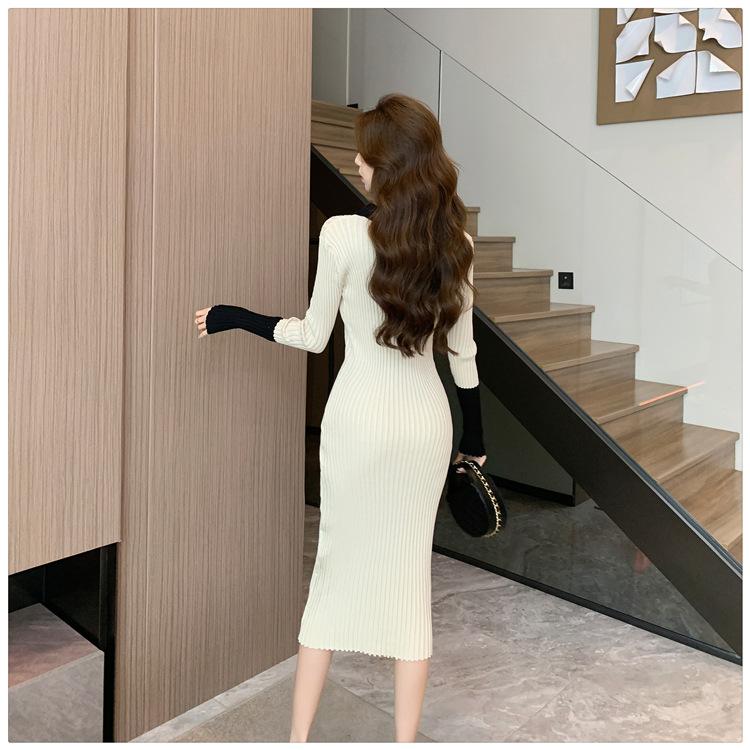 Women's Semi-split Neck Splicing Color Collision Slim Thin Striped Knit Dress